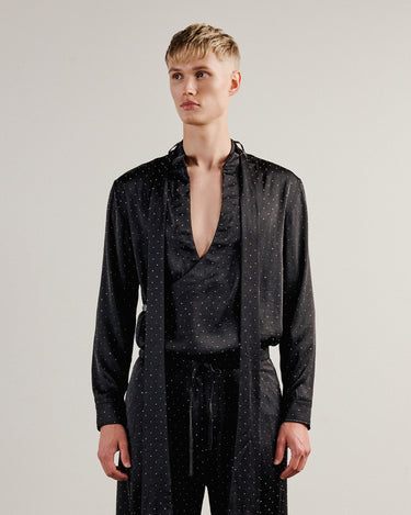 Dion Black Crystal Satin Wrap Shirt