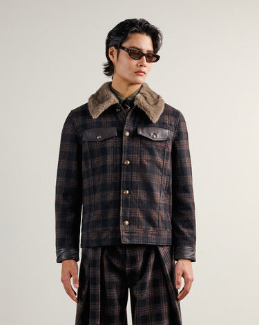 Emilio Brown Wool Check/Faux Fur Collar Jacket