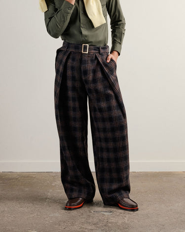 Heath Brown Check Wool Flannel Wide Leg Pant