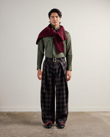Heath Brown Check Wool Flannel Wide Leg Pant