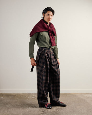Heath Brown Check Wool Flannel Wide Leg Pant