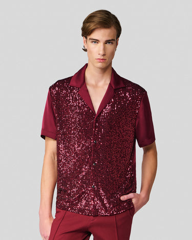 Shiloh Wine Sequin & Satin Bowling Shirt