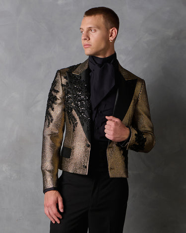 ZANE GOLD/BLACK BEADED BROCADE COUTURE SUIT - MADE TO ORDER