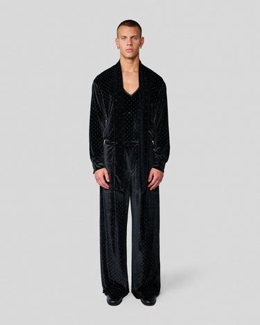 Vanguard Black Crystal Stud Velvet Scarf Neck Shirt