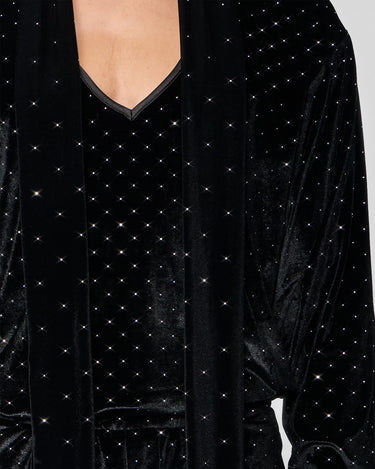Vanguard Black Crystal Stud Velvet Scarf Neck Shirt