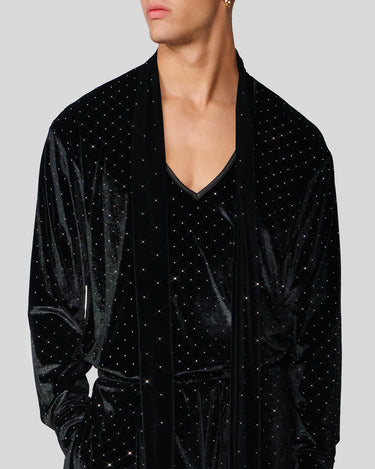 Vanguard Black Crystal Stud Velvet Scarf Neck Shirt