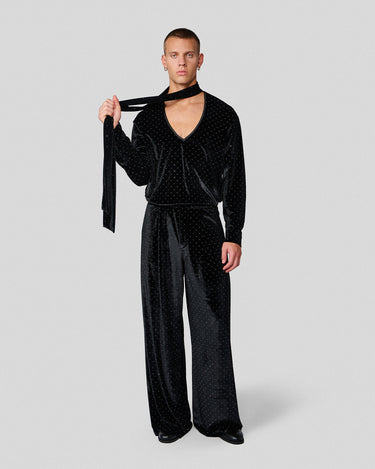 Vanguard Black Crystal Stud Velvet Scarf Neck Shirt