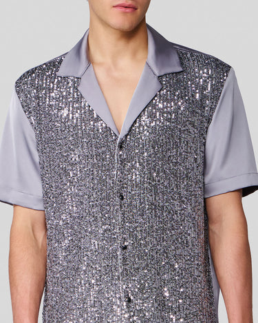 Shiloh Silver Sequin & Satin Bowling Shirt