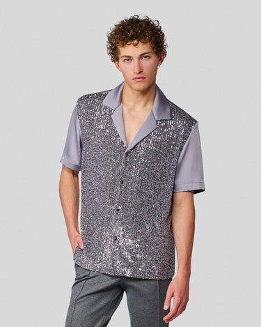 Shiloh Silver Sequin & Satin Bowling Shirt