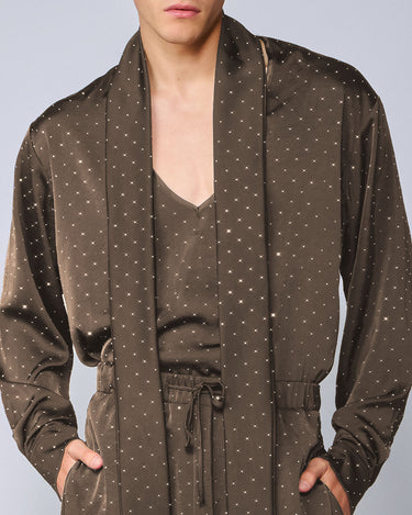 Vanguard Espresso Crystal Stud Satin Scarf Neck Shirt