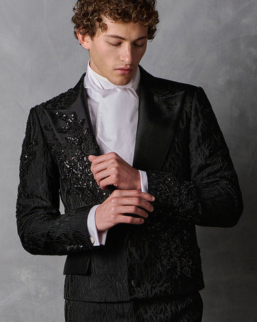 ZANE BLACK BEADED BROCADE COUTURE SUIT - MADE TO ORDER