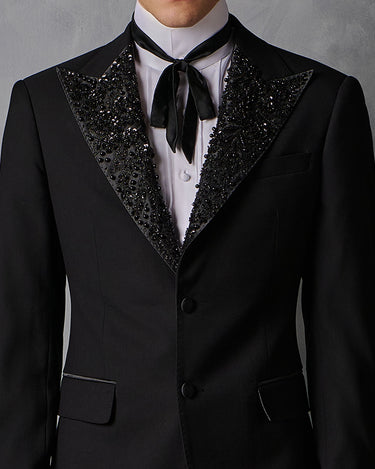 MAXWELL BLACK BEADED WOOL COUTURE TUXEDO - MADE TO ORDER