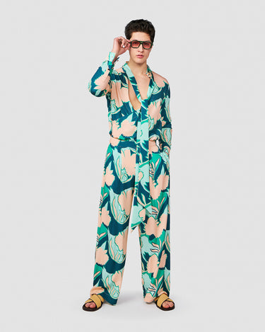 DION AQUA/PINK TROPICAL PRINT WRAP SHIRT