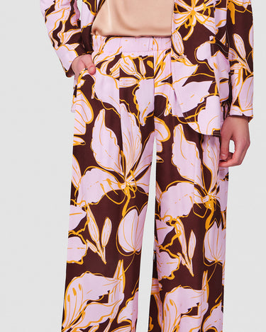 EGON CHOCOLATE/LILAC TROPICAL PRINT WIDE LEG PANT
