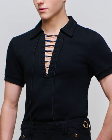 Kai Black Lace Up Polo Top