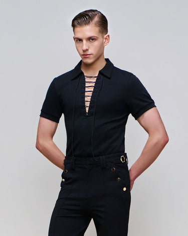 Kai Black Lace Up Polo Top