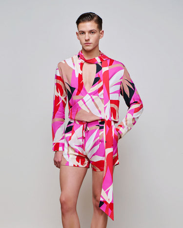 Dion Palm Springs Print Wrap Shirt / Crystal Brooch