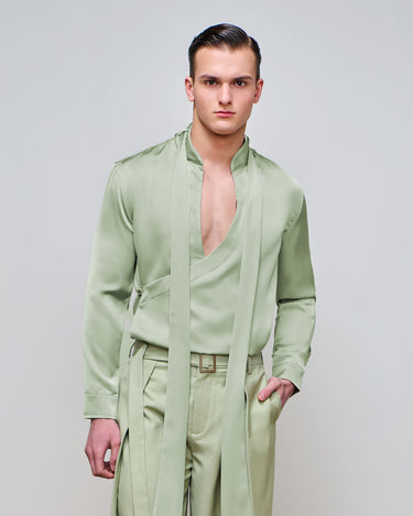 Dion Sage Satin Wrap Shirt