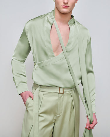 Dion Sage Satin Wrap Shirt
