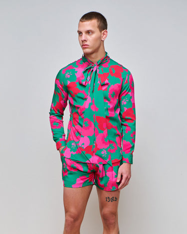 Dion Vallarta Print Wrap Shirt / Crystal Brooch