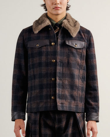 Emilio Brown Wool Check/Faux Fur Collar Jacket