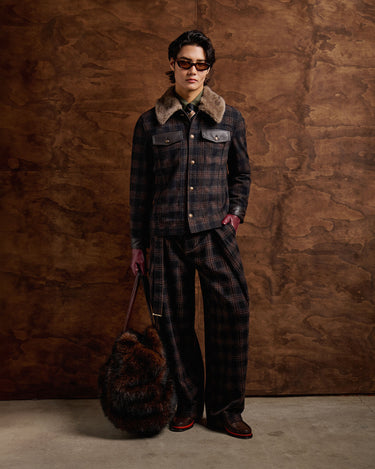 Emilio Brown Wool Check/Faux Fur Collar Jacket