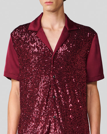 Shiloh Wine Sequin & Satin Bowling Shirt