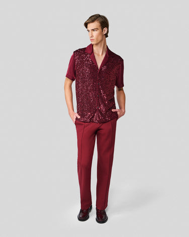 Shiloh Wine Sequin & Satin Bowling Shirt