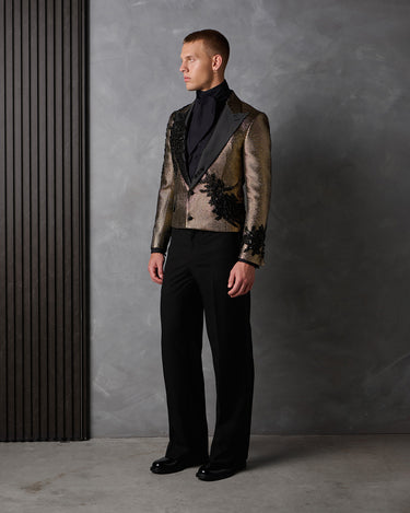 ZANE GOLD/BLACK BEADED BROCADE COUTURE SUIT - MADE TO ORDER