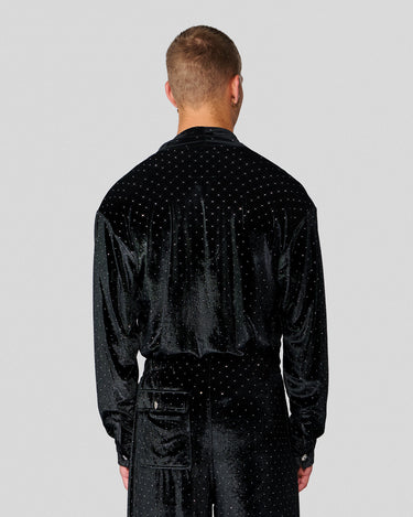 Vanguard Black Crystal Stud Velvet Scarf Neck Shirt