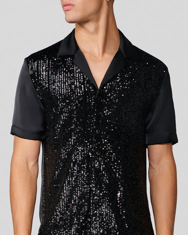 Shiloh Black Sequin & Satin Bowling Shirt