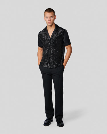 Shiloh Black Sequin & Satin Bowling Shirt