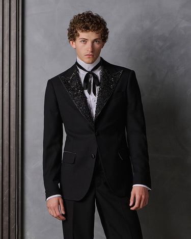 MAXWELL BLACK BEADED WOOL COUTURE TUXEDO - MADE TO ORDER