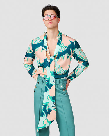 DION AQUA/PINK TROPICAL PRINT WRAP SHIRT