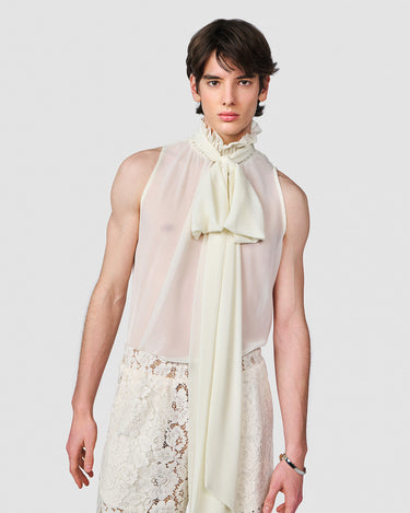 HELIOS IVORY CHIFFON SLEEVELESS BOW NECK TOP