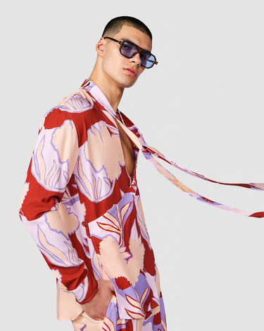 DION BRICK/BLUSH TROPICAL PRINT WRAP SHIRT