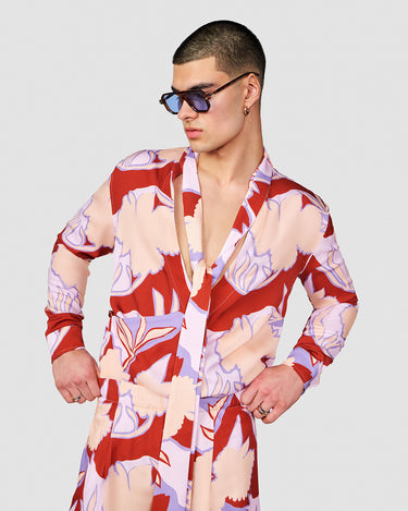 DION BRICK/BLUSH TROPICAL PRINT WRAP SHIRT