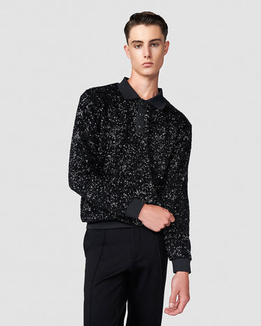 Neptune Black Sequin Polo Sweater