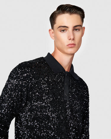Neptune Black Sequin Polo Sweater