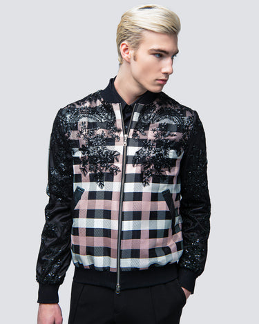 Black/Pink Gingham Check Bomber Jacket
