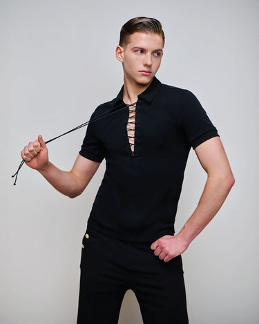 Kai Black Lace Up Polo Top