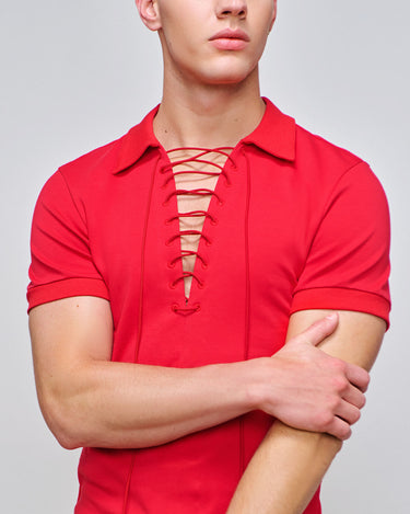 Kai Crimson Lace Up Polo Top