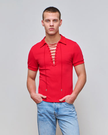 Kai Crimson Lace Up Polo Top