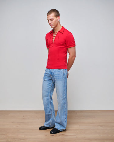 Kai Crimson Lace Up Polo Top