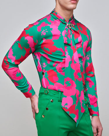 Dion Vallarta Print Wrap Shirt / Crystal Brooch